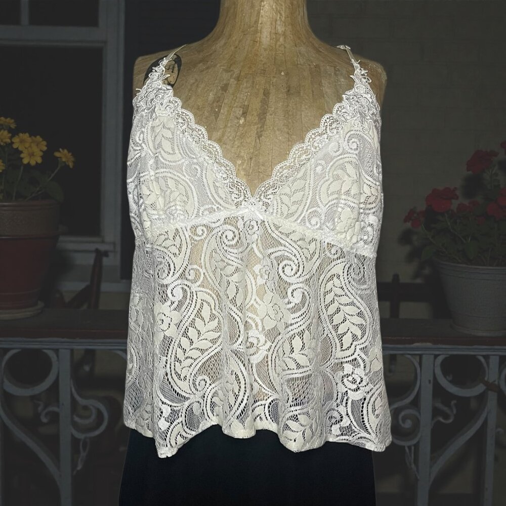 Linea Donatella Womens XL White Lace Tank Top Boho Fairy Bridal Lingerie Sheer